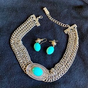 Heavy Silver and turquoise choker with matching earrings adjustable length